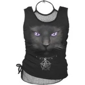 Image of Spiral Womens BLACK CAT 2 in 1 Neck Tie Mesh Top - Black