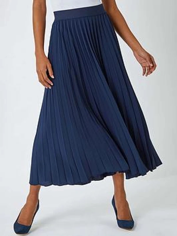 Image of Roman Pleated Elastic Waist Maxi Skirt Navy female