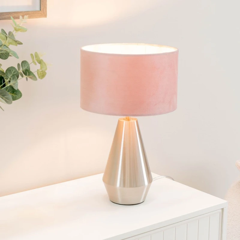 Image of ValueLights Jax Brushed Chrome Dimmable Touch Table Lamp with Velvet Drum Shade Baby Pink