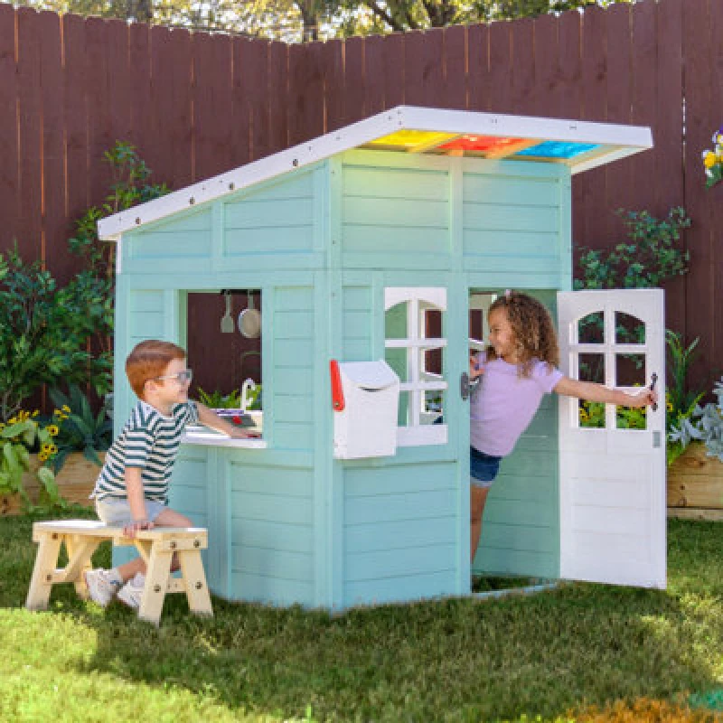 Image of Teamson Kids Rainbow Shade Outdoor Wooden Playhouse, Mint, Blue T-OD-0062-00B