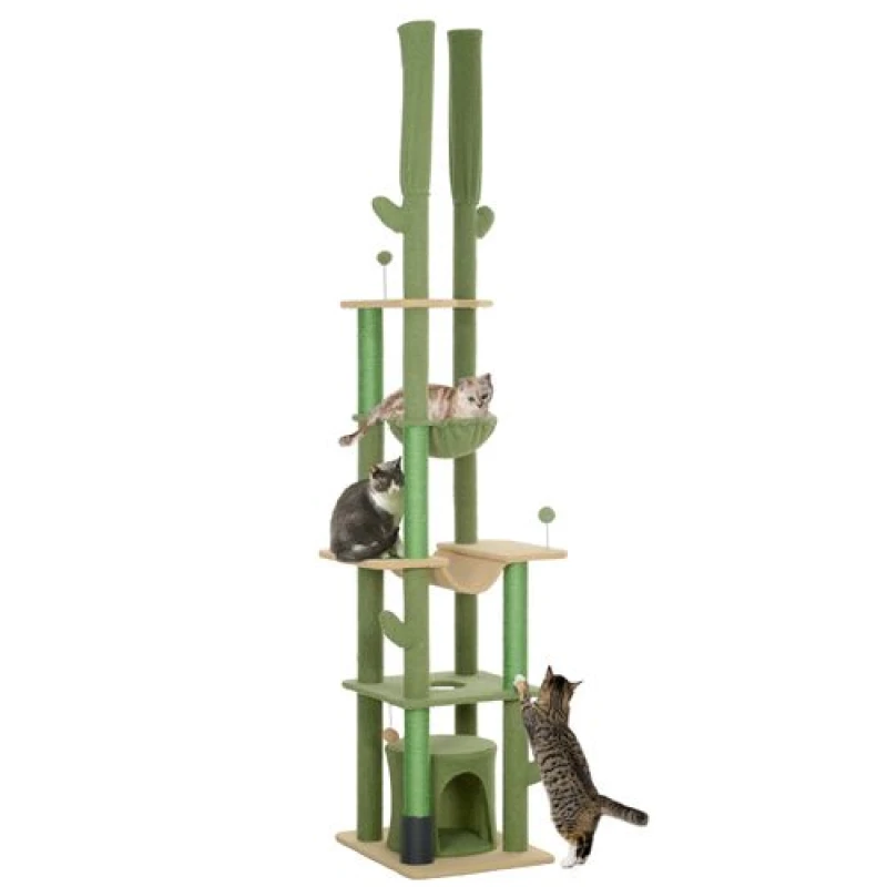 Image of PawHut 225-255Hcm Floor to Ceiling Cat Tree w/ Hammocks, Condo - Green - Pawhut 5061025013562
