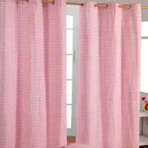 Image of Homecapes Pink Cotton Gingham Eyelet Curtains 117 x 137cm - Pink