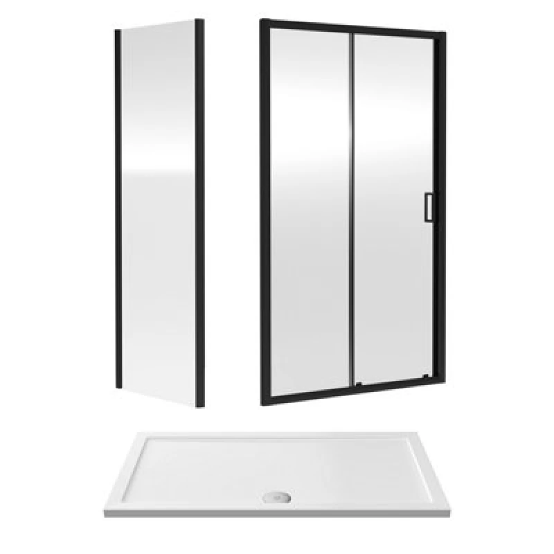 Image of Balterley Ruwa Sliding Shower Suite: 6mm Glass Tray Door Panel 1400x760mm Black Unisex
