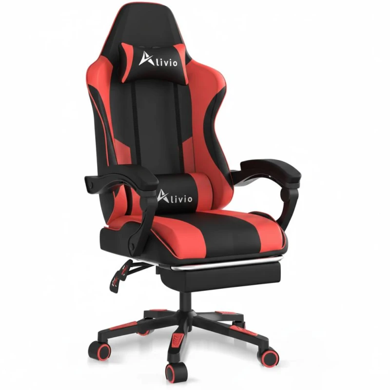 Image of Alivio Ergonomic Gaming Chair with Massage Lumbar Cushion in Red Red Unisex