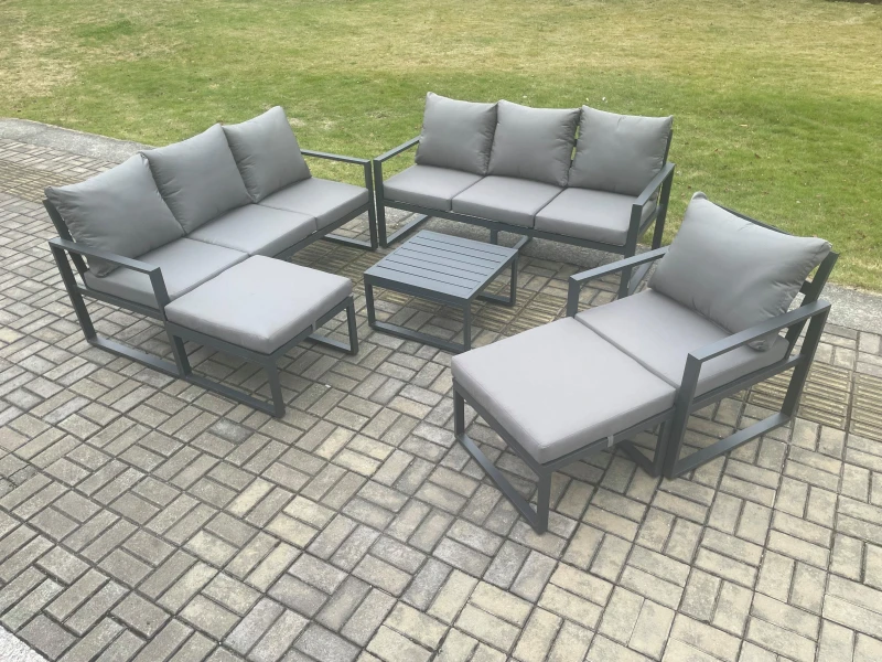 Image of Fimous Aluminium Outdoor Lounge Sofa Set Garden Furniture Sets with Square Coffee Table Chair 2 Big Footstools Dark Grey Dark Grey Unisex