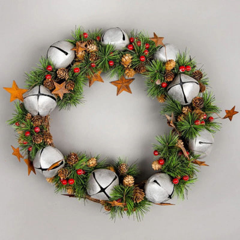 Image of Shatchi 25cm Bells Stars and Pine Green Christmas Wreath Green