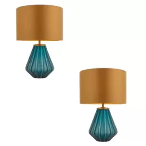 Image of 2 PACK Turqoise Glass Base Table Lamp Light & Gold Fabric Shade - Black Detail