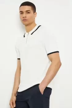 Image of Mens White Short Sleeve Tipped Knitted Polo Shirt
