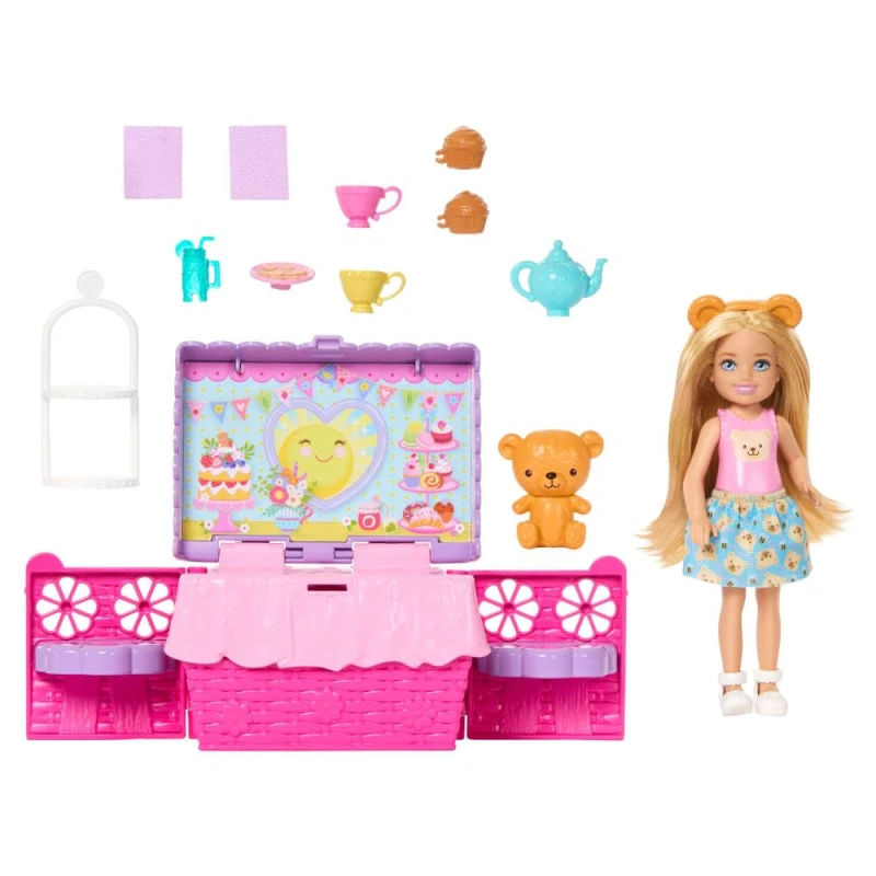 Image of Barbie Family & Friends Club Chelsea Pop-Up Tea Party Playset with Blonde Small Doll Transforming Picnic Basket & 10+ Accessories JJB40