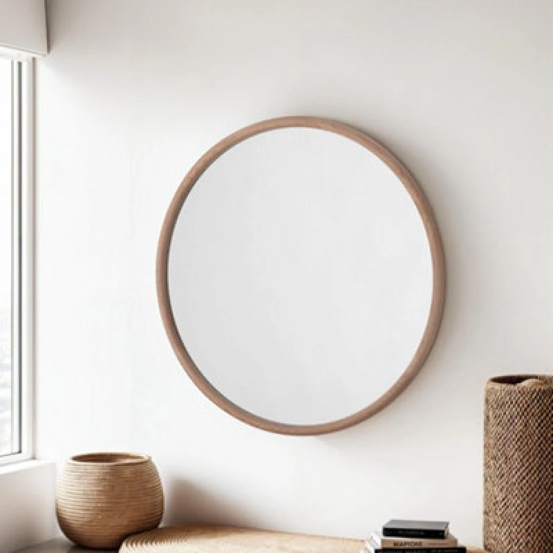 Image of Yearn Mirrors Yearn Mirrors Beaufort Round Solid Oak Wall Mirror in Natural Natural One Size Unisex 0756406343196