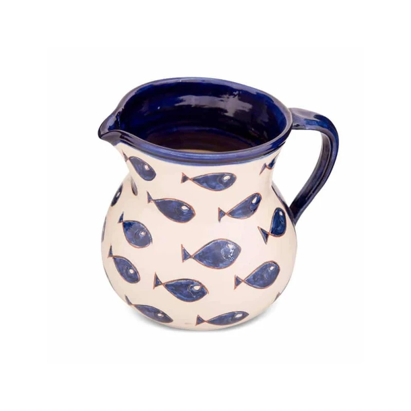 Image of Verano Spanish Ceramics Signature Blue & White Fish Hand Painted Ceramic Kitchen Dining Large Jug 1.5L (H) 19cm Blue Unisex