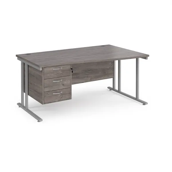 Image of Maestro 25 right hand wave desk 1600mm wide with 3 drawer pedestal - silver cantilever leg frame, grey oak top
