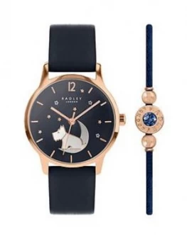 Image of Radley Navy And Rose Gold Detail Crescent Moon Dial Navy Leather Strap Ladies Watch And Matching Bracelet Gift Set