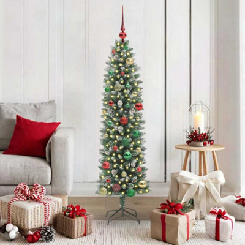 Image of vidaXL Artificial Slim Christmas Tree with Multicolour Balls Green and white 150 cm, Green 3395289