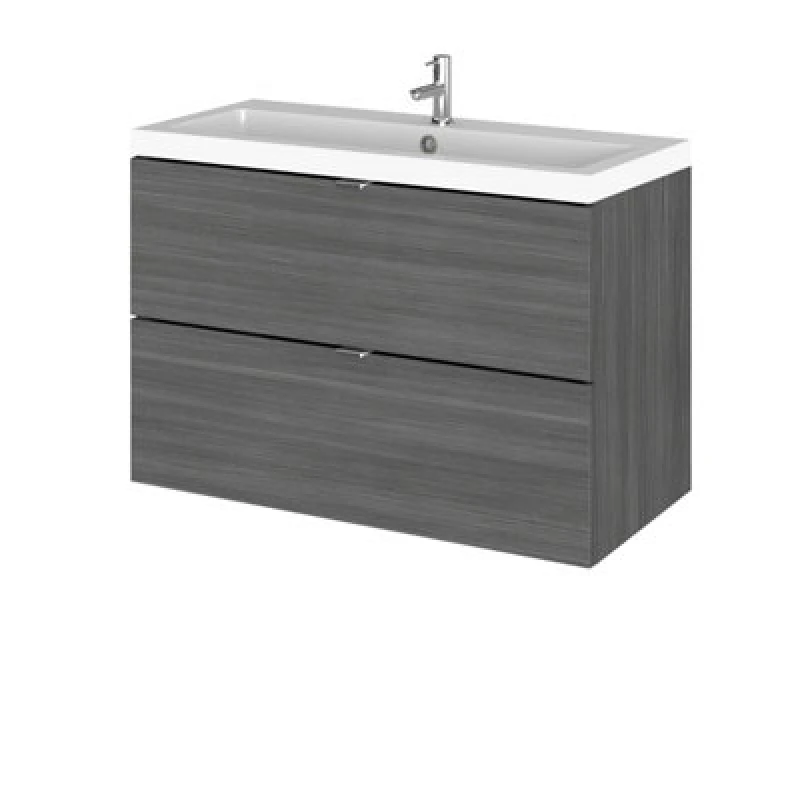 Image of Hudson Reed Fusion Wall Hung 2 Drawer Vanity Unit & Polymarble Basin, Sink Vanity Unit, Anthracite Woodgrain, 800mm