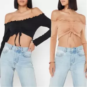 Image of Missguided 2 Pack Bardot Ruched Lettuce Hem Top - Multi