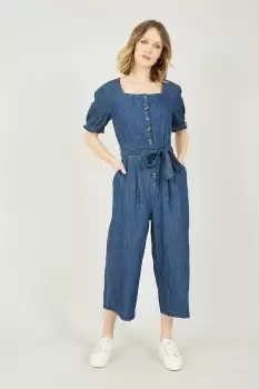 Image of Blue Denim Jumpsuit with Puffy Sleeves