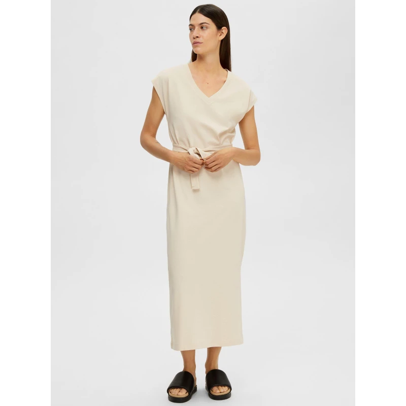 Image of Selected Femme Cap Sleeve Belted Midi Dress - Beige Beige 8