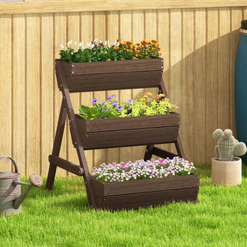 Image of Outsunny 3 Tier Raised Garden Bed Wooden Elevated Planter Grow Box for Flower Herb Tan