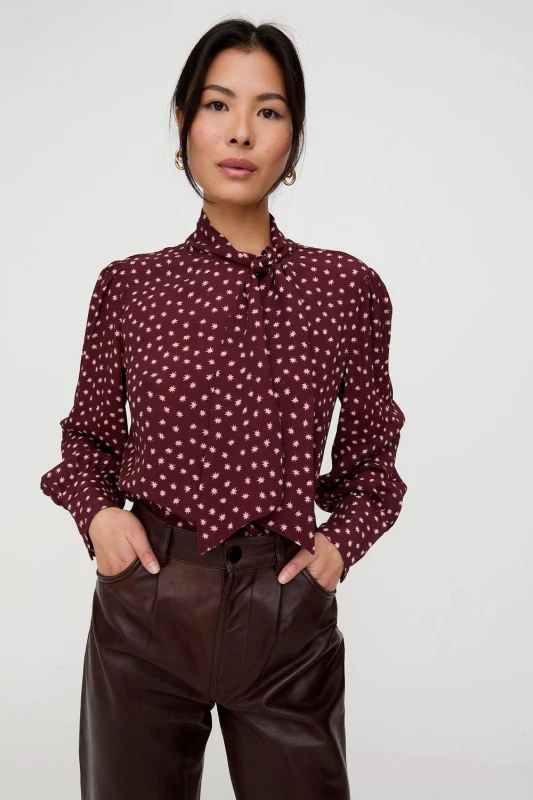 Image of Lily and Lionel Womens Fifi Pussybow Star Print Blouse In Burgundy Size: 12 Burgundy Female 12