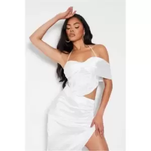 Image of I Saw It First White Satin One Shoulder Drape Bardot Corset Co-Ord - White