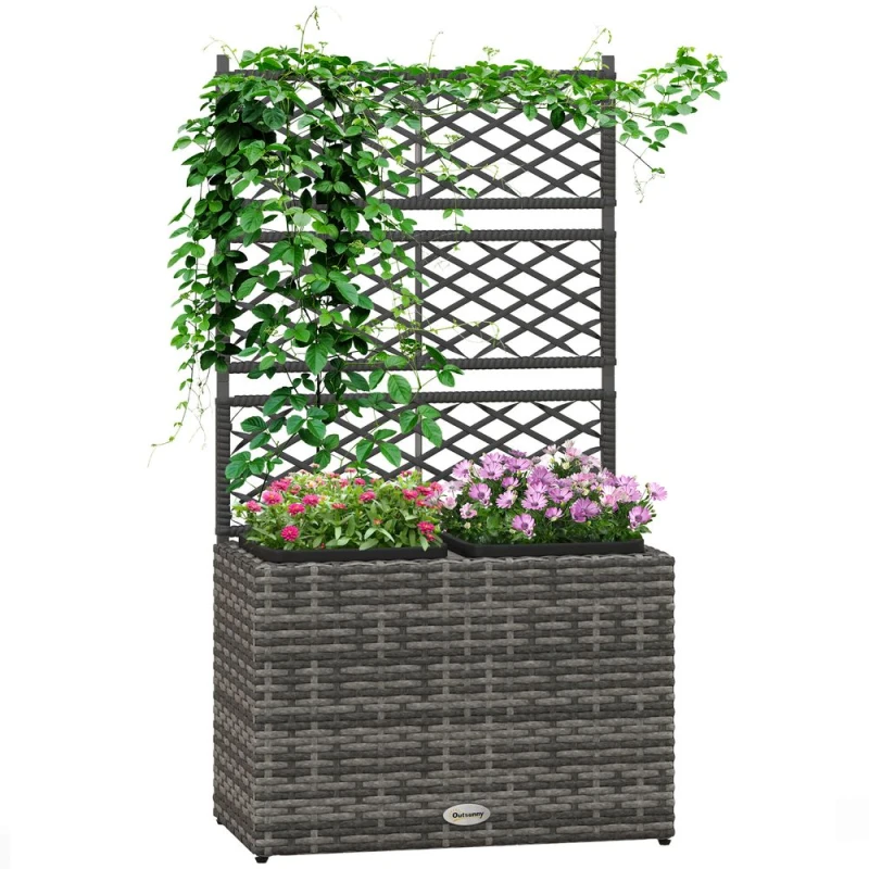 Image of Outsunny Garden PE Rattan Planter w/Trellis/Raised Bed Grey 867-187V00GG