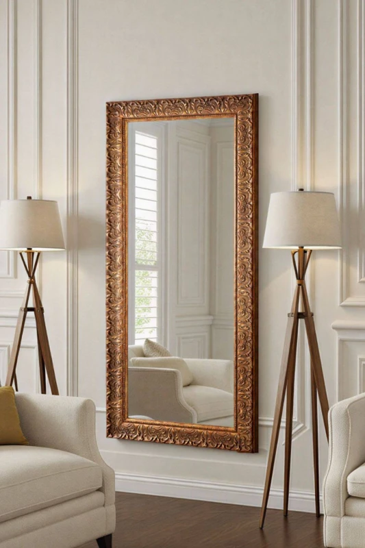 Image of Yearn Mirrors Yearn Mirrors Carved Framed Bevelled Tall Mirror Gold 138x62cm Gold One Size Unisex 0756406343066