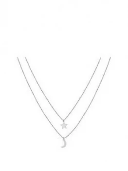 Image of The Love Silver Collection Sterling Silver Moon And Star Diamond Cut Ball Chain Necklace