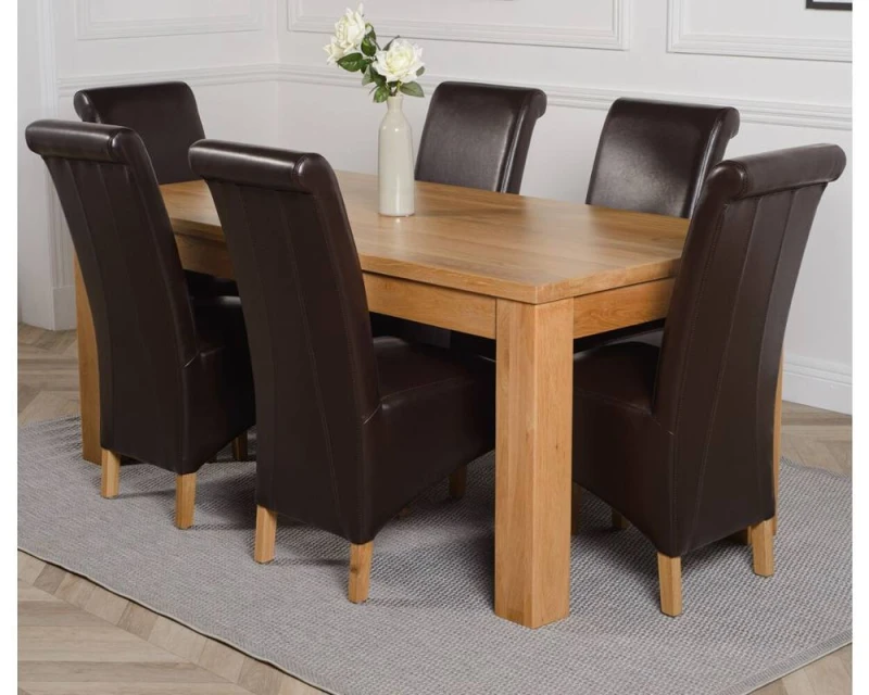 Image of Thats Furniture Dakot 182 x 92cm Oak Large Dining Table & 6 Montana Leather Chairs in Brown Size: 182 x 92cm Brown Unisex 182 x 92 cm