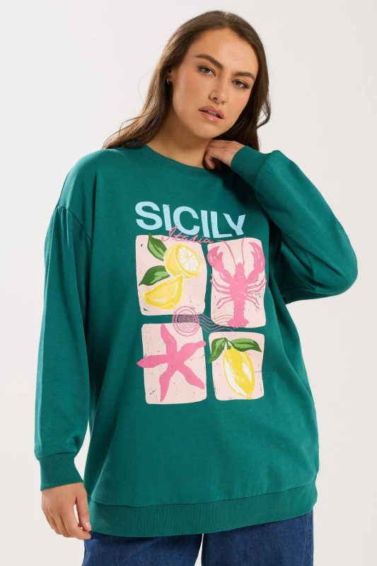 Image of Yours Womens 'Sicily' Slogan Sweatshirt in Teal Size: 26-28 Teal Female 26-28