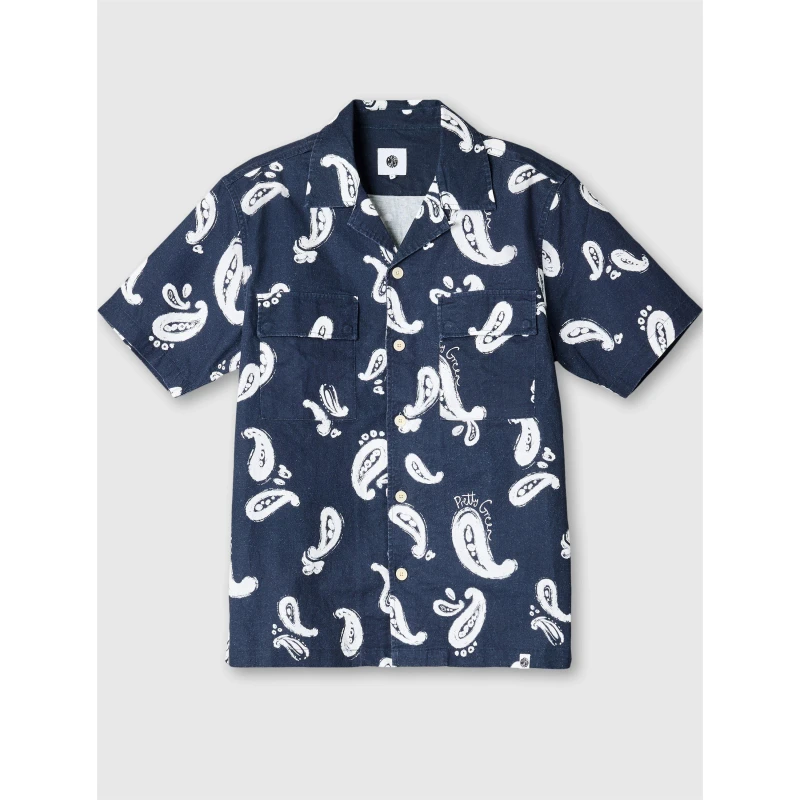 Image of Pretty Green Mens Widnes Paisley Short-Sleeve Patterned Shirt Navy male Small