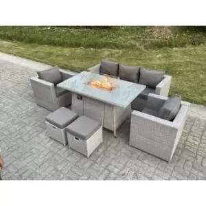 Image of Fimous 5 Seater Light Grey Rattan Gas Fire Pit Outdoor Dining Table Complete Sofa Set with Heater Burner and 2 Stools