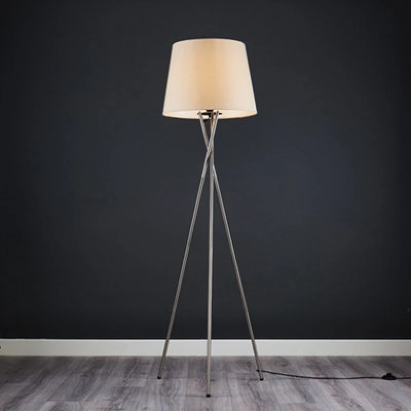 Image of ValueLights ValueLights Camden Brushed Chrome Tripod Floor Lamp with Tapered Shade and Bulb in Beige Beige One Size Unisex 5055759993030