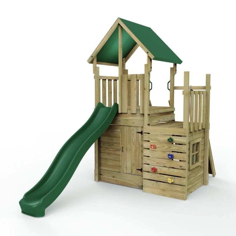 Image of Rebo Wooden Climbing Frame with Play Tower and Slide - M8 Ramp Brown