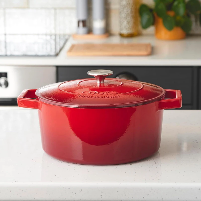 Image of Cooks Professional Cast Iron Casserole Dish 26cm Oven Proof Enamelled Pan with Lid in Red Red Unisex
