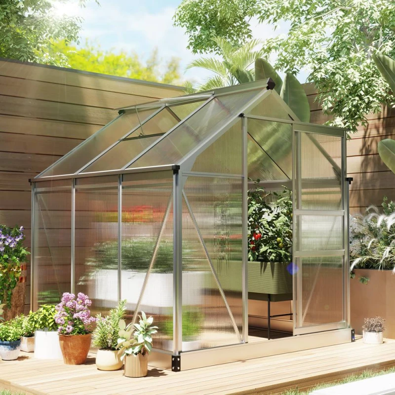 Image of OUTSUNNY 6x6ft Walk-In Polycarbonate Greenhouse Plant Grow Aluminium Frame in Silver Silver Unisex