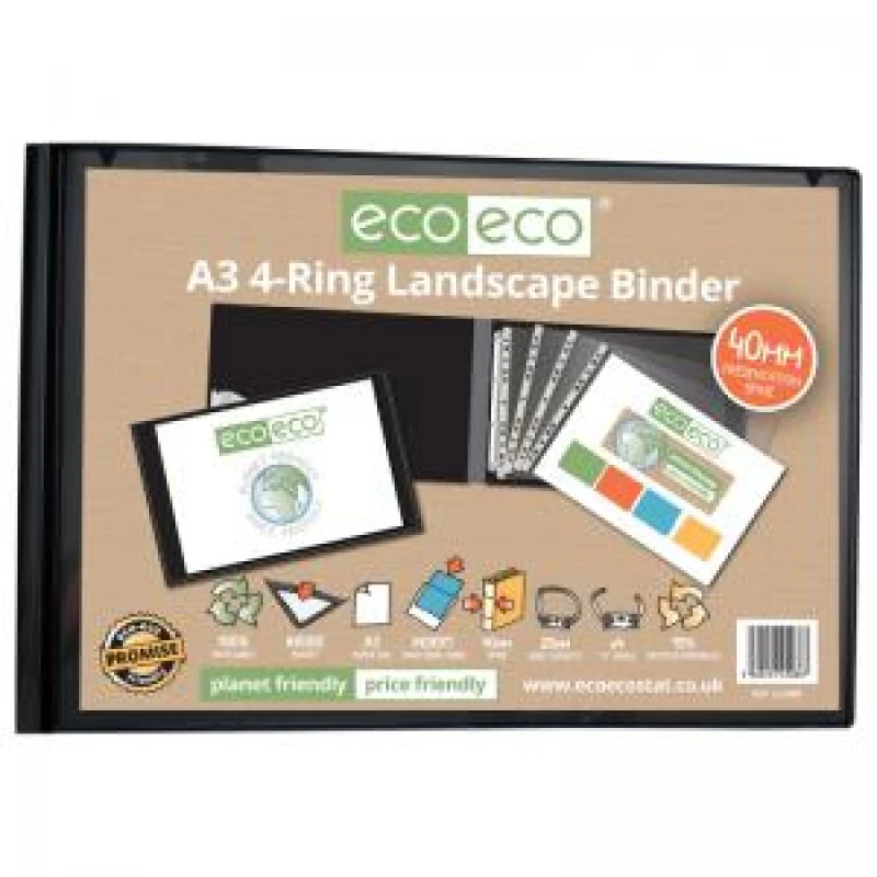 Image of Eco Eco A3 25mm 95% Recycled Presentation 4 Ring Landscape Binder Black eco088-S