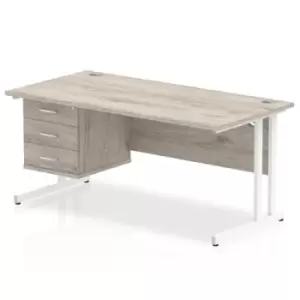 Image of Impulse 1600 Rectangle White Cant Leg Desk Grey Oak 1 x 3 Drawer Fixed Ped
