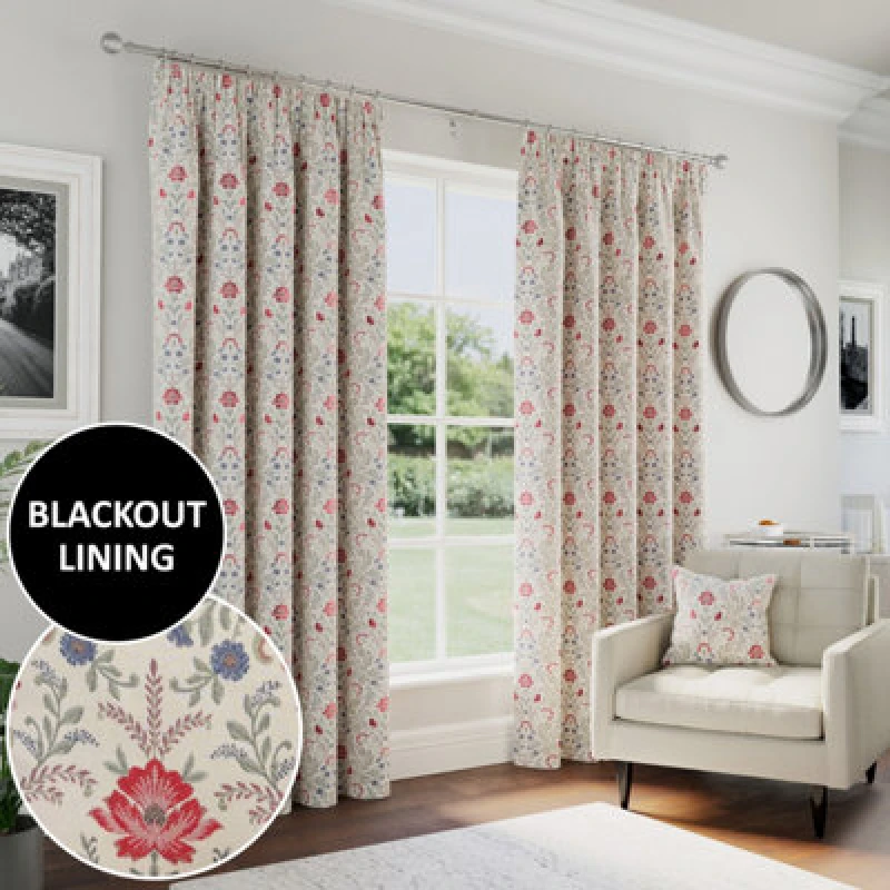 Image of Enhanced Living Cotswold Floral 100% Blackout Tape Top Curtains - Red Red L