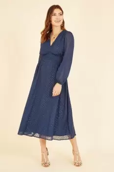 Image of Navy Metallic Dobby Long Sleeve Midi Dress