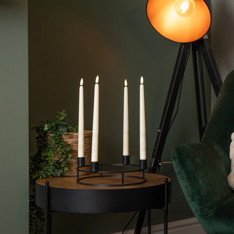 Image of 34cm Black Metal Candle Ring Holder with 4 Battery Powered LED Taper Candles