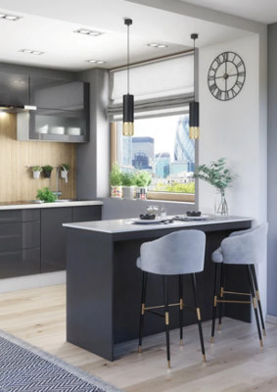 Image of Furneo Kitchen Island Modern Breakfast Bar Shelves Graphite & Marble Effect Ki02