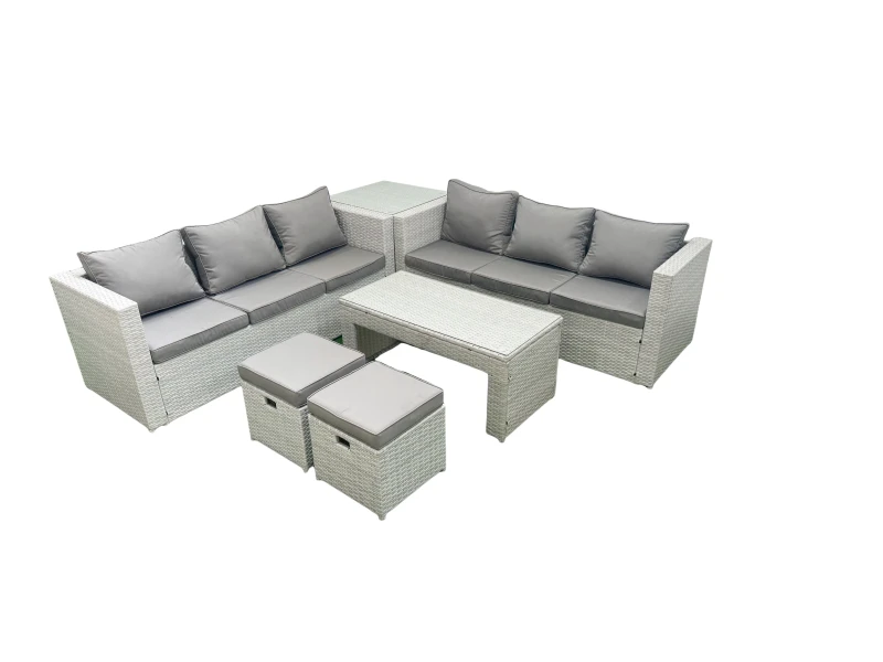 Image of Fimous 8 Seater Garden Outdoor Rattan Furniture Set Rattan Garden Sofa Oblong Coffee Table with 2 Small Footstool Side Table Light Grey Mixed Light Gr