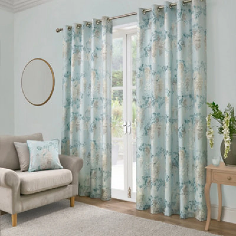 Image of Dreams & Drapes Wisteria Floral Print Pair Of Duck Egg Pencil Pleat Curtains