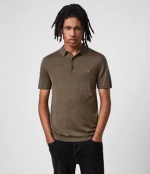 Image of AllSaints Mens Mode Merino Short Sleeve Polo Shirt, Antique Khaki Marl, Size: M
