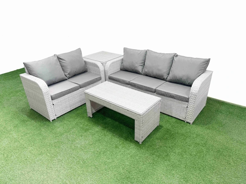 Image of Fimous 5 Seater PE Rattan Wicker Garden Furniture Patio Conservatory Sofa Set with Oblong Coffee Table 3 Seater Sofa Love Sofa Side Table Light Grey