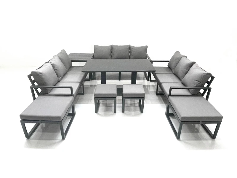 Image of Fimous 13 Seater Garden Sofa Set Aluminium Furniture Rising Dining Tabe Set with Side Table 4 Footstools Dark Grey Dark Grey Unisex