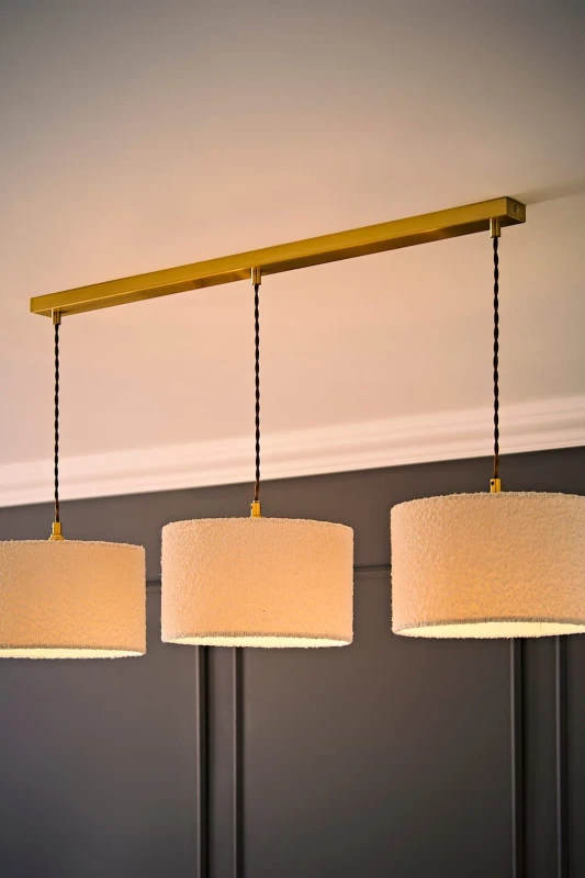 Image of ValueLights ValueLights Reni Cream Boucle Drum Shade 3 Drop Bar Gold Diner Ceiling Light with LED Bulbs Cream One Size Unisex 5059406063978