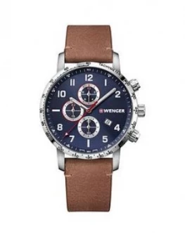 Image of Wenger Swiss Made Blue Sunray And Silver Detail Chronogragh 44Mm Dial Tan Leather Strap Mens Watch