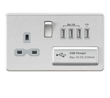 Image of KnightsBridge Screwless 13A switched socket with quad USB charger (5.1A) - brushed chrome with grey insert